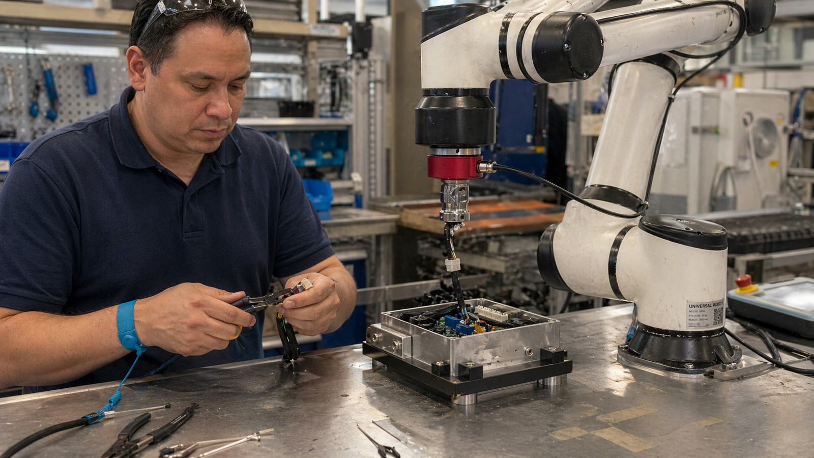 Technician working at a shop-floor assembly cell beside a UR-class cobot with an AXIOM wrist sensor, uncaged collaborative assembly of a harness into an electronic enclosure