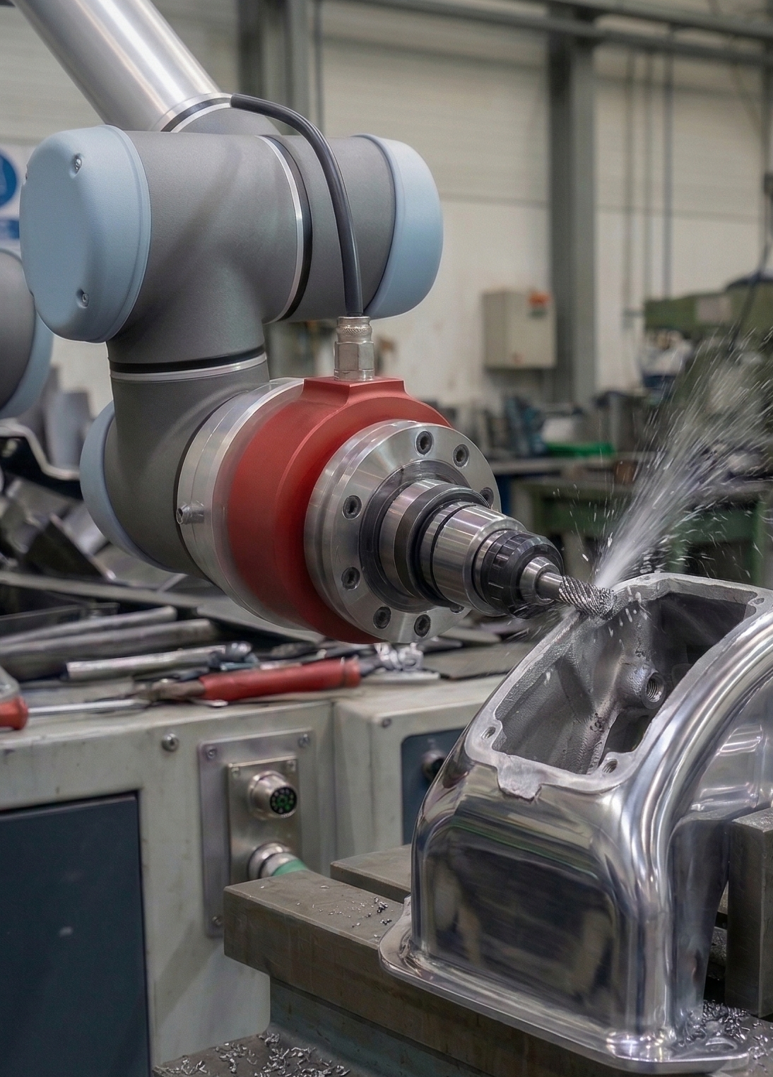 Robot arm with AXIOM sensor performing deburring on metal workpiece