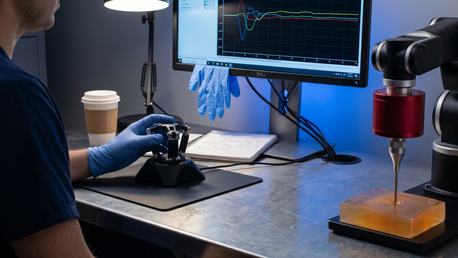 Researcher teleoperating a benchtop surgical manipulator via a parallel-link haptic console, AXIOM sensor at the slave arm wrist feeding a live force trace shown on the monitor