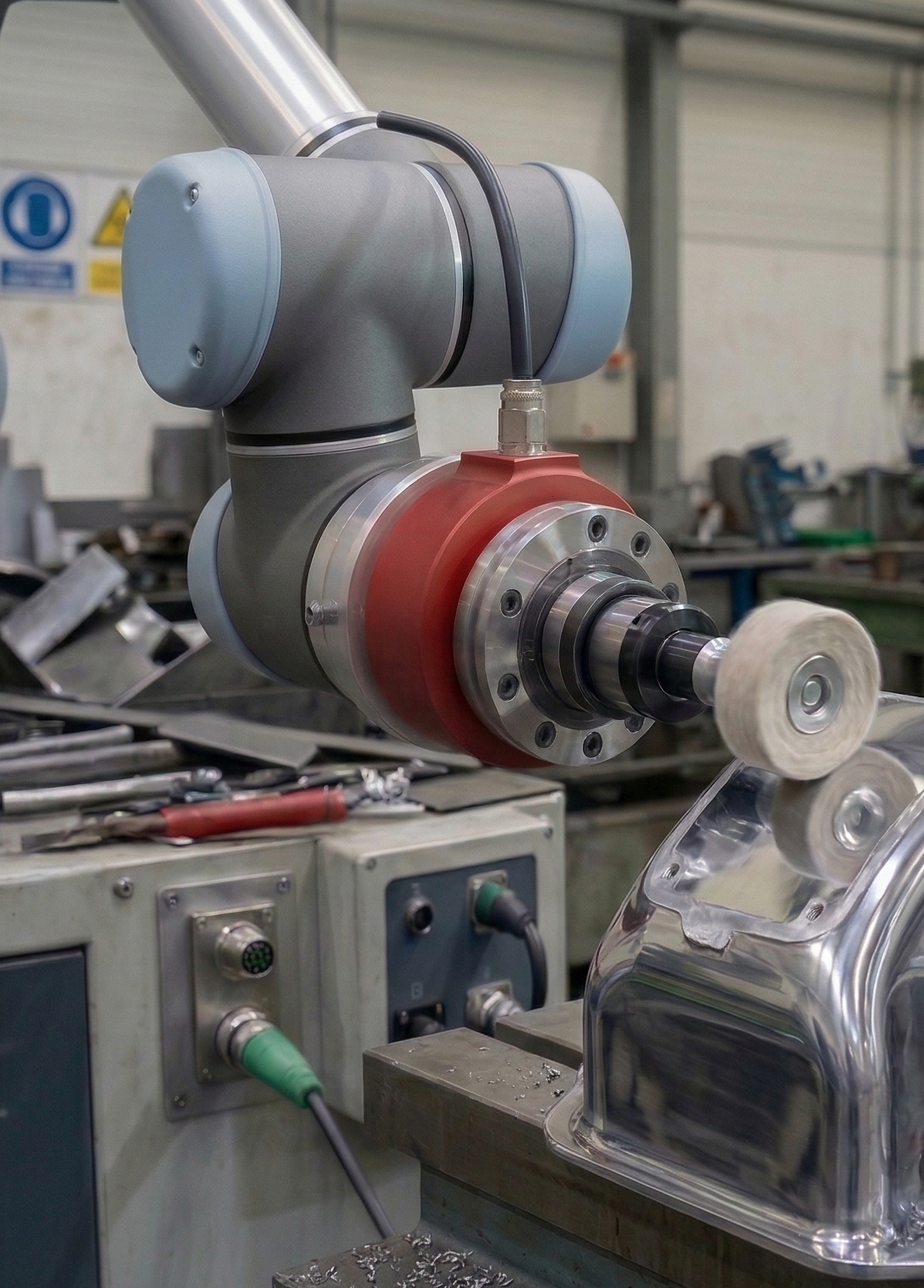 Robot arm with AXIOM sensor polishing metal surface