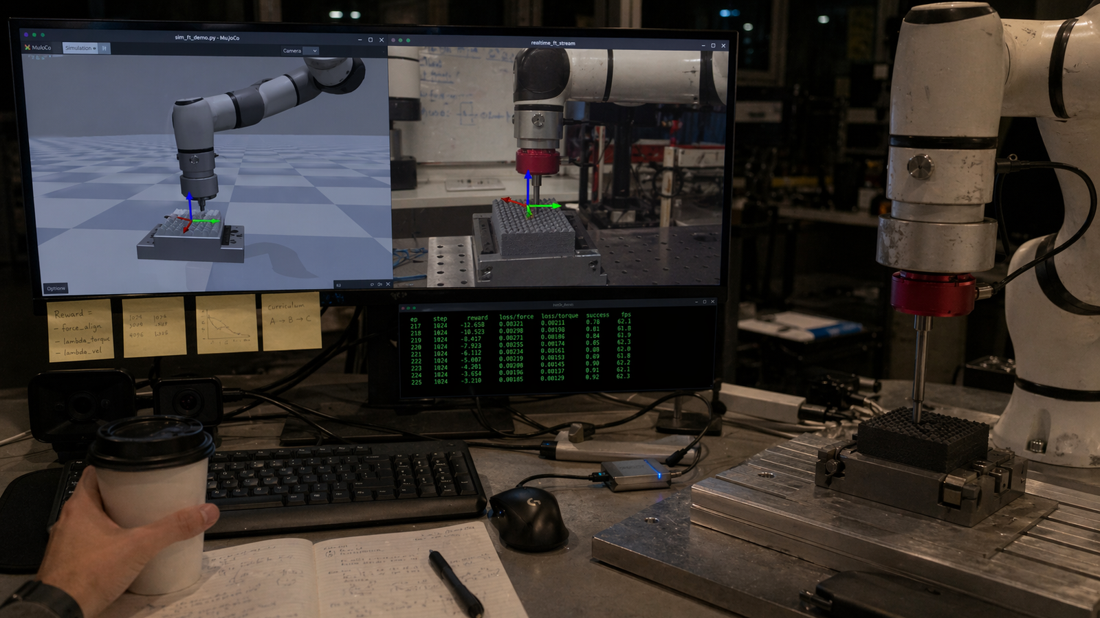 Ultrawide lab monitor showing a simulated robot arm next to a live camera feed of the same AXIOM-equipped arm, terminal streaming training metrics below, mid-training run at a PhD workstation